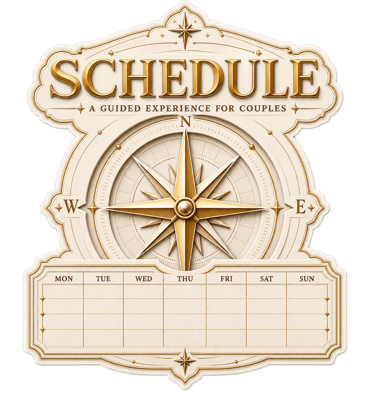Cream and gold Schedule calendar artwork with a compass rose and a blank weekly planning grid.