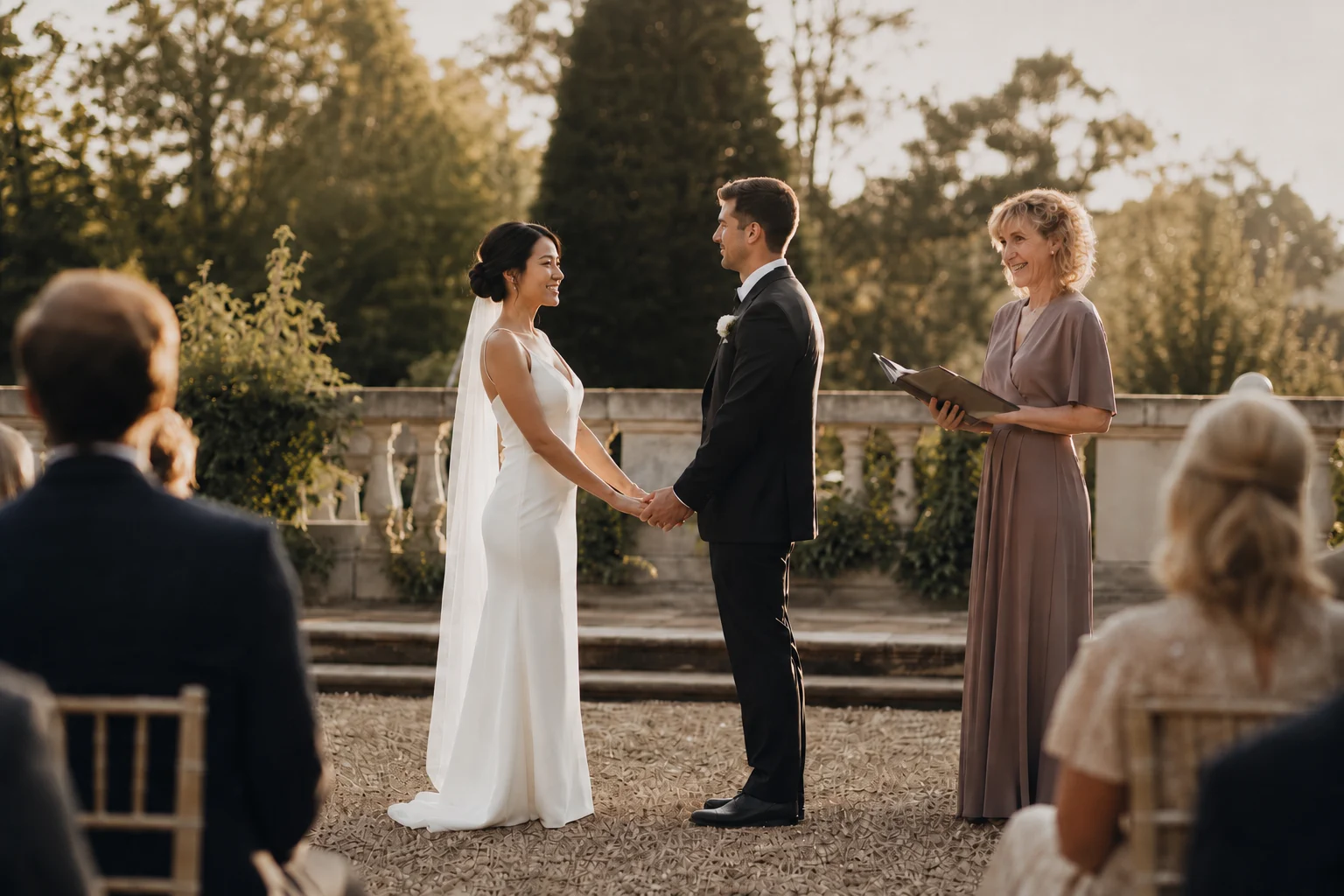 Carole officiating as a couple exchanges vows during an intimate outdoor ceremony.